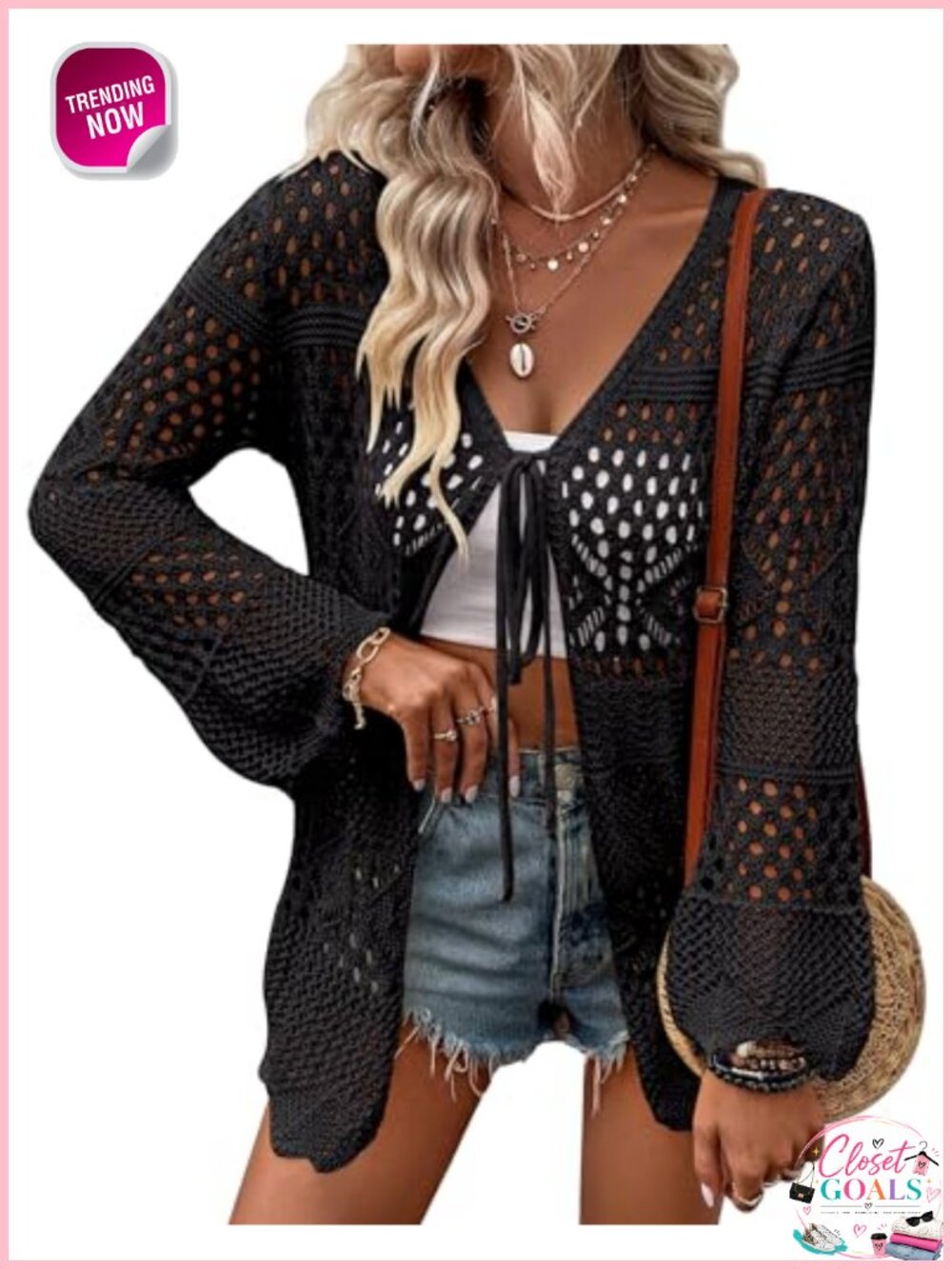 Women Crochet Cardigan Lightweight Tie Front Hollow Out Long Sleeve Knit Cover